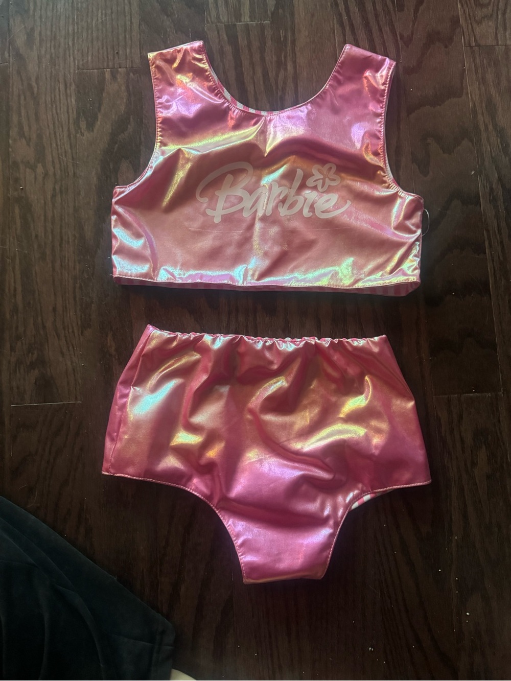 Barbie Pink Holographic & Stripee (Reversible)Two-Piece Top & High-Waist Bottoms